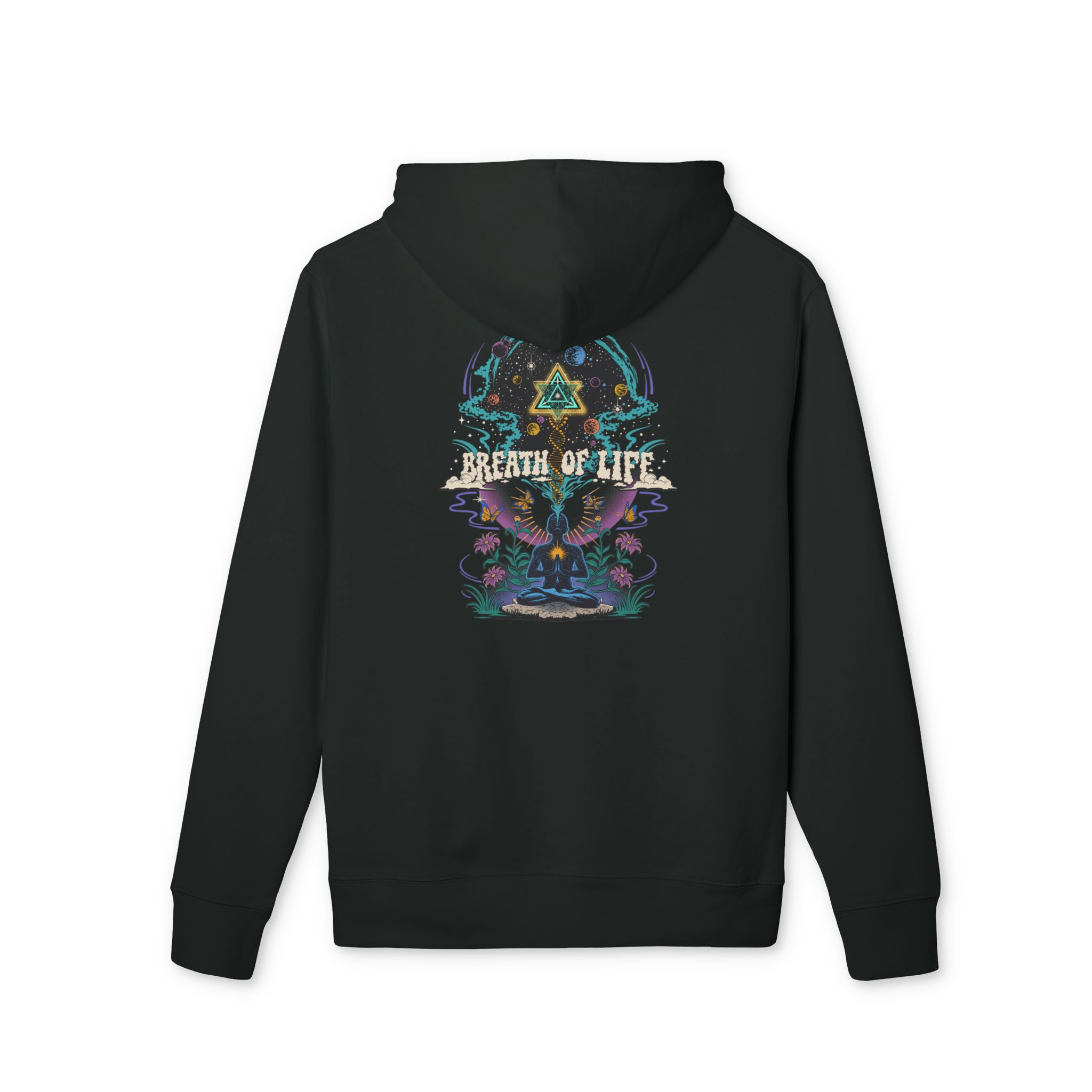 Back of black Breath of Life men's hoodie