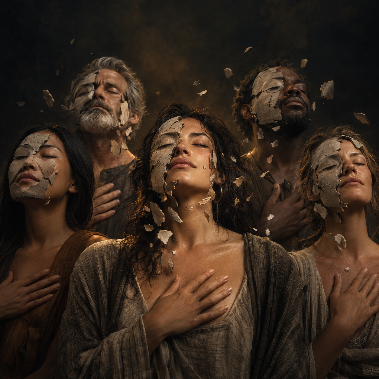 Five people releasing cracked masks and reconnecting with their hearts in a symbolic breathwork portrait